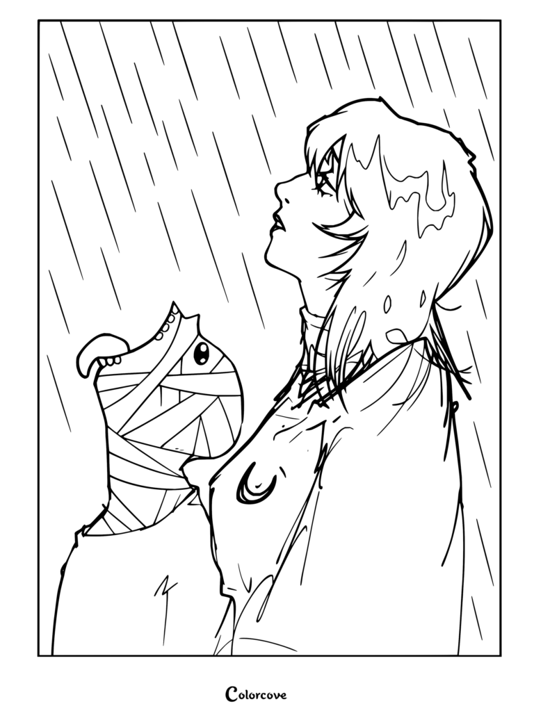 Coloriage Mouthwashing pour fans et joueurs montrant Anya et Curly bandé levant les yeux sous la pluie.