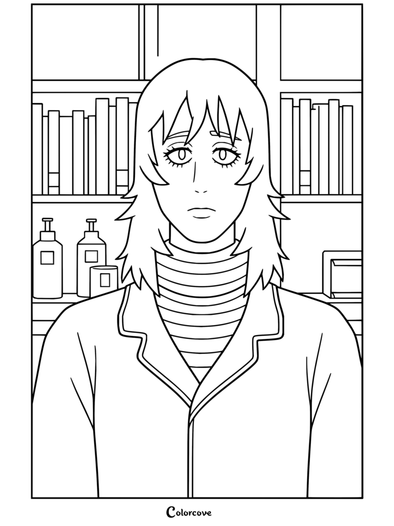 Page de coloriage à imprimer de Curly de Mouthwashing ayant l'air triste dans la bibliothèque du vaisseau