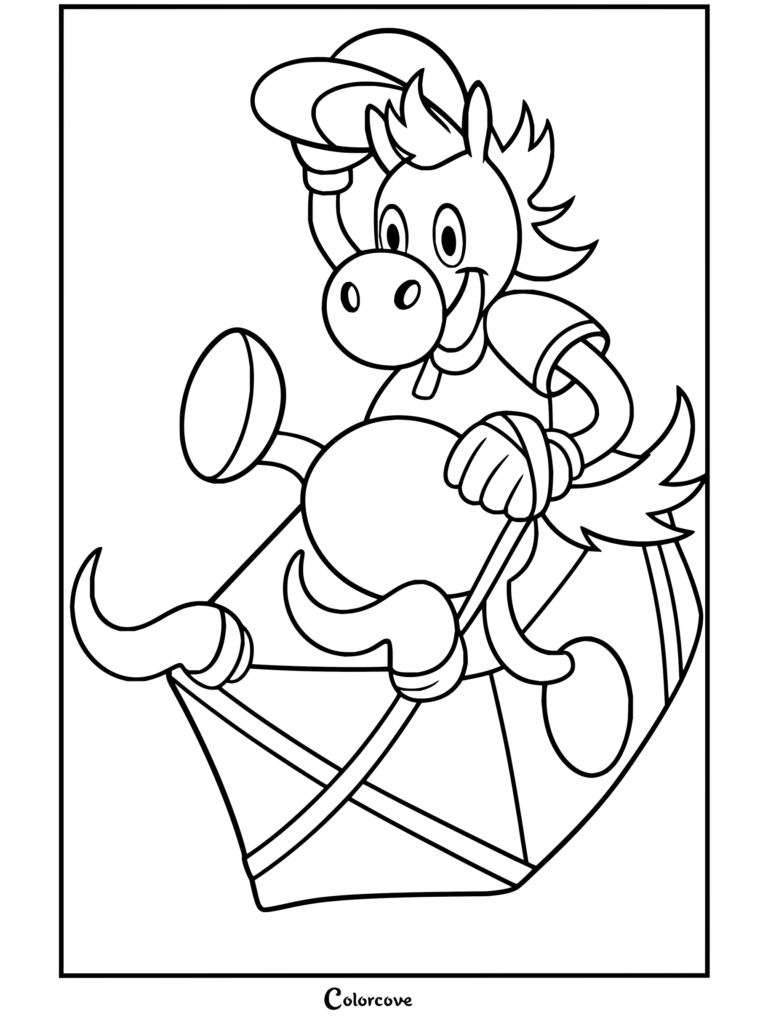 Une page de coloriage à imprimer de Curly chevauchant le cheval jouet de Mouthwashing dans un style d'art au trait.