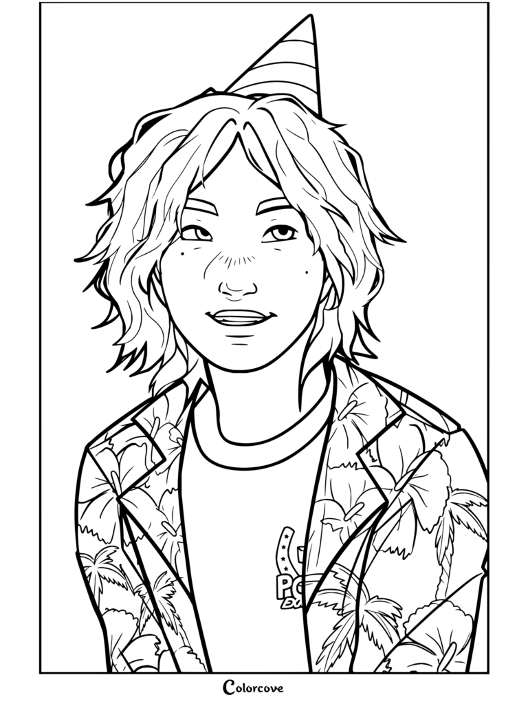 Coloriage à imprimer de Daisuke de Mouthwashing portant un chapeau de fête et une chemise hawaïenne tropicale.