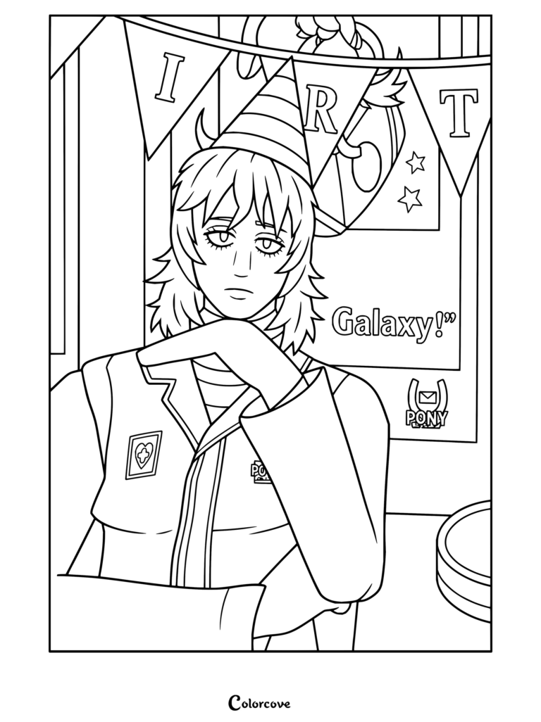 Page de coloriage de Mouthwashing montrant Curly portant un chapeau de fête avec une bannière au-dessus.