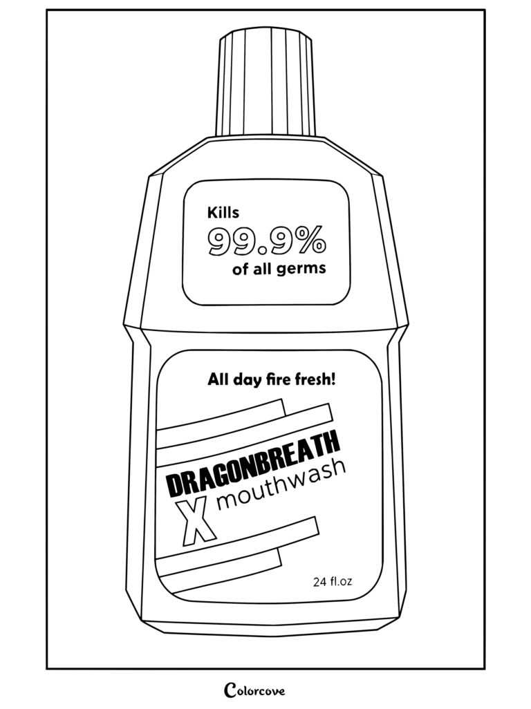 Coloriage d'un flacon de rince-bouche Dragonbreath issu de Mouthwashing, arborant l'étiquette « All day fire fresh! » et la promesse de détruire 99,9 % des germes.