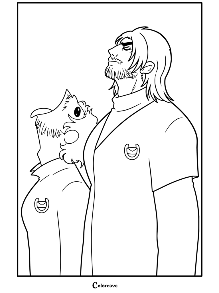 Jimmy et Curly debout sous la pluie, page de coloriage Mouthwashing.