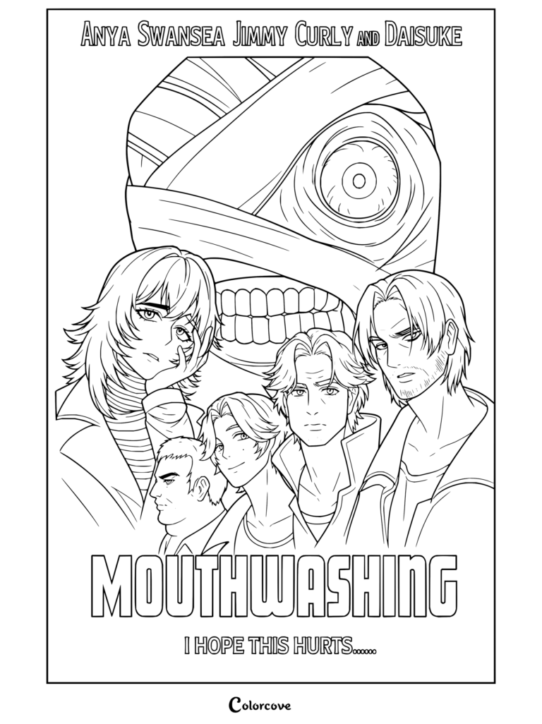 Page de coloriage de portrait de groupe Mouthwashing mettant en vedette Anya, Swansea, Jimmy, Curly et Daisuke avec une grande tête de monstre emballée.