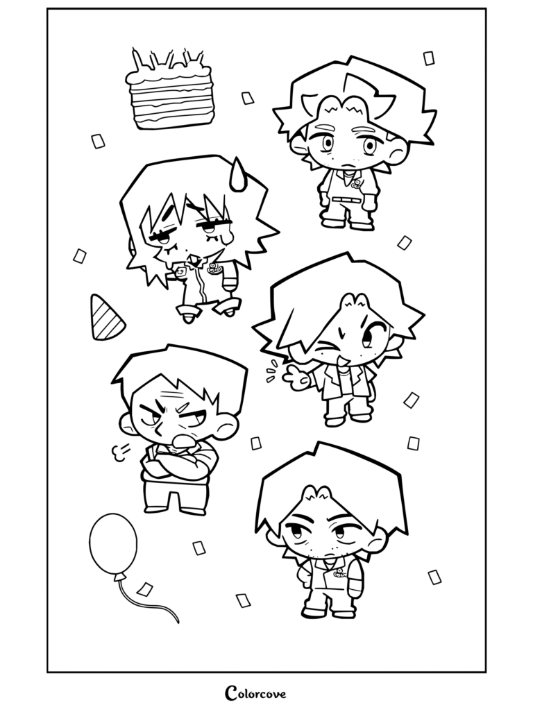 Équipage chibi de Mouthwashing comprenant Curly, Jimmy, Swansea, Daisuke et Anya célébrant avec un gâteau et des confettis dans une page de coloriage amusante.