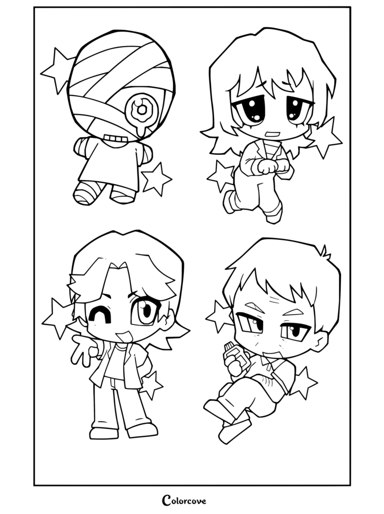 Page de coloriage Mouthwashing à imprimer mettant en vedette des versions chibi de Curly, Jimmy, Swansea et Daisuke.