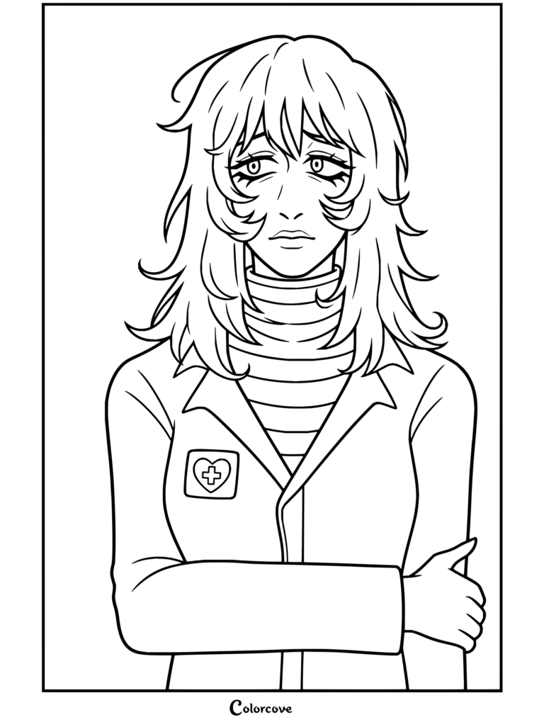 Coloriage d'Anya de Mouthwashing aux cheveux noirs et en tenue médicale, l'air désemparé.