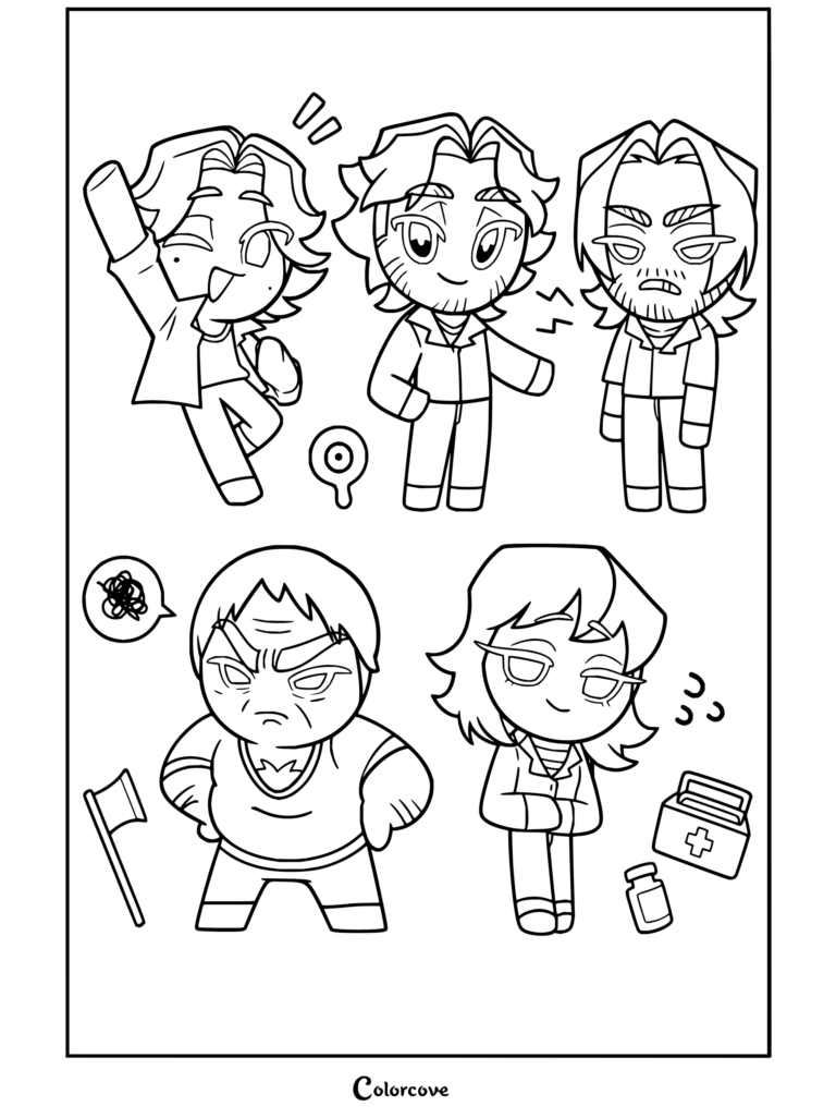 Page de coloriage Mouthwashing à imprimer mettant en vedette des stickers de personnages style Cookie Run de Curly, Jimmy, Swansea, Daisuke et Anya dans de mignons poses chibi.