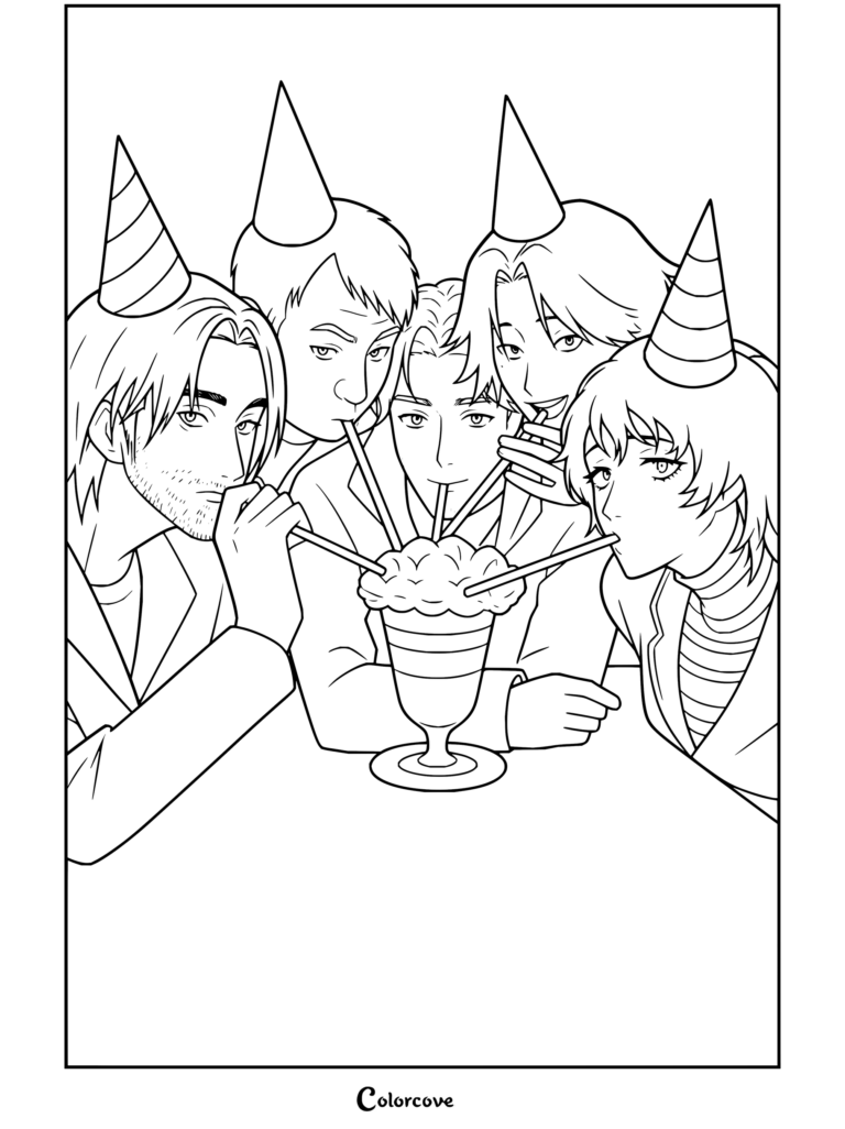 Coloriage Mouthwashing à imprimer de l'équipage partageant un sundae d'anniversaire avec des chapeaux de fête.