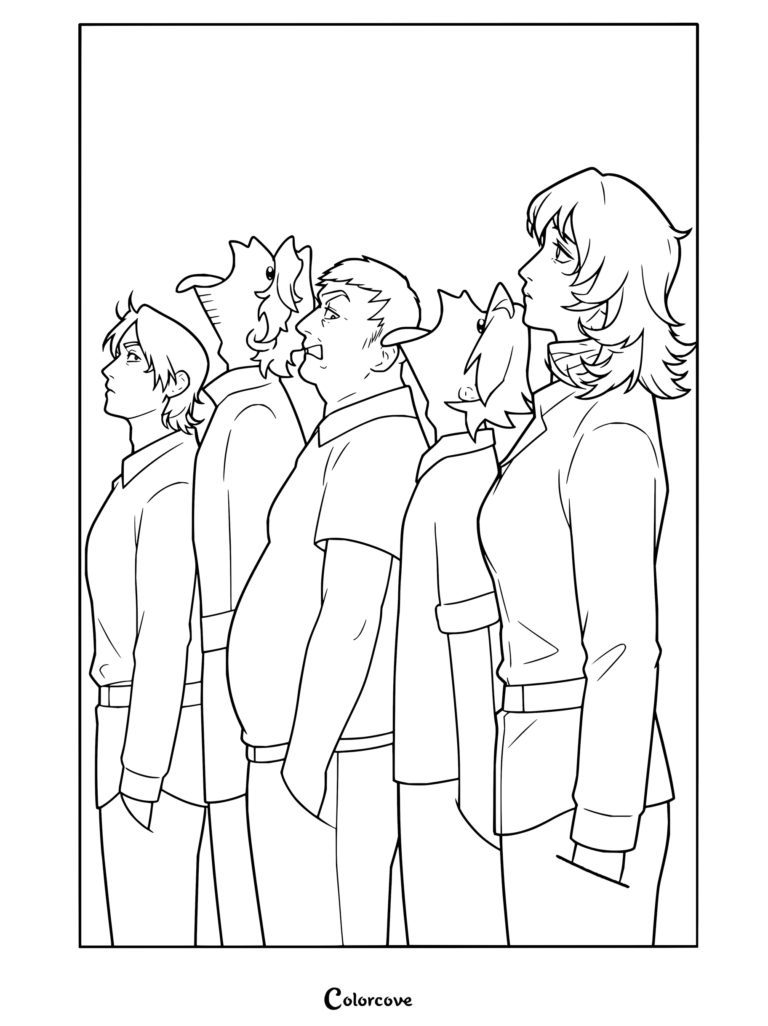 Page de coloriage Mouthwashing mettant en vedette l'équipage se tenant sous la pluie avec des bouches exagérées léchant des gouttes de pluie.