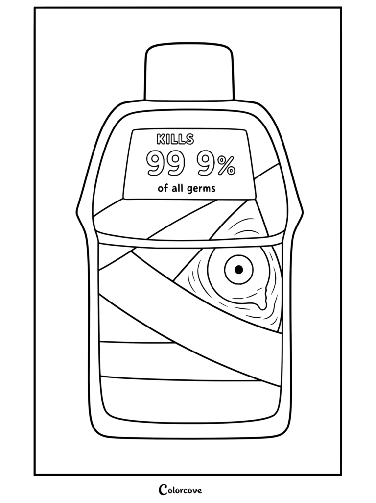 Page de coloriage Mouthwashing mettant en vedette Curly représenté comme une bouteille de rince-bouche avec des bandages de momie emballés et un œil unique.