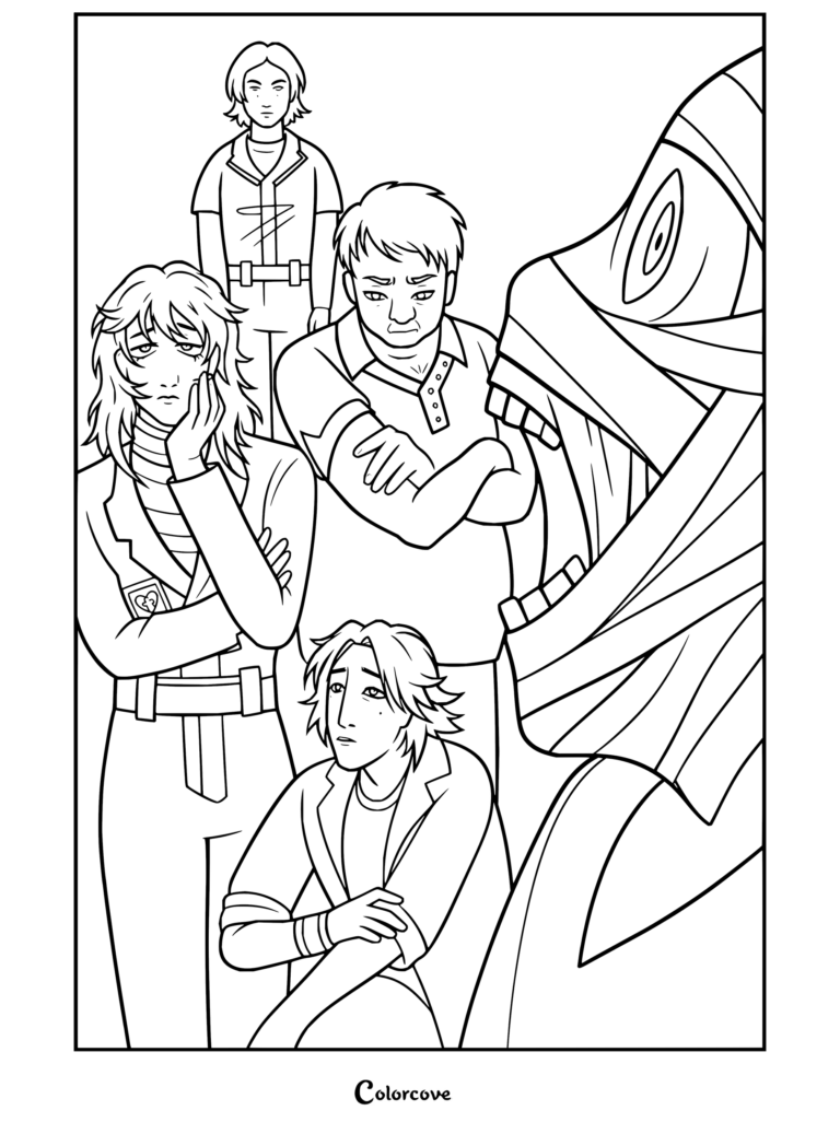 Page de coloriage Mouthwashing mettant en vedette Curly et l'équipage entourés d'hallucinations et de monstres.