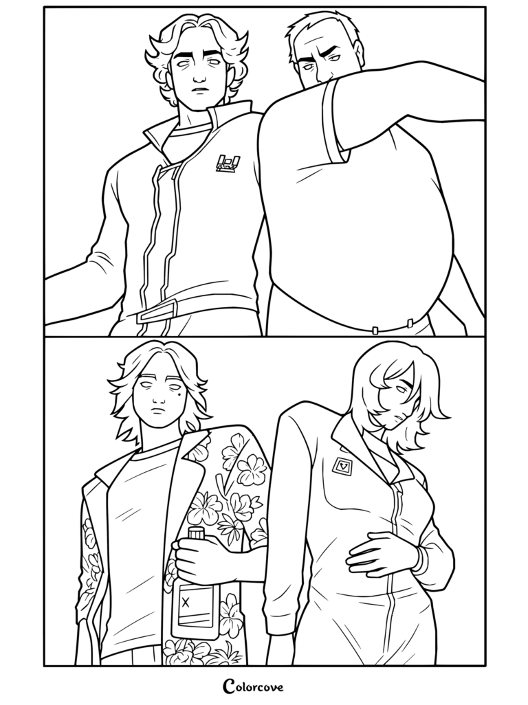 Page de coloriage Mouthwashing mettant en vedette un collage de portraits de Curly, Jimmy, Swansea et Daisy dans diverses scènes.