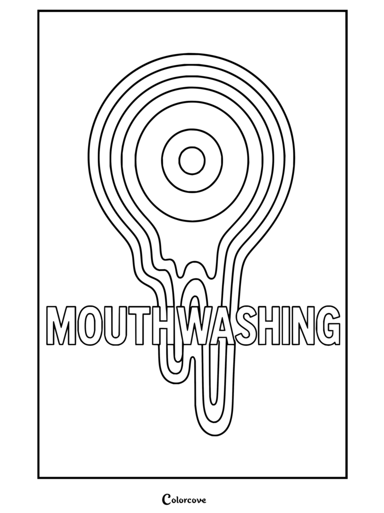 Page de coloriage Mouthwashing mettant en vedette le symbole de l'œil du logo du jeu avec des lignes rouges de sang qui coulent.
