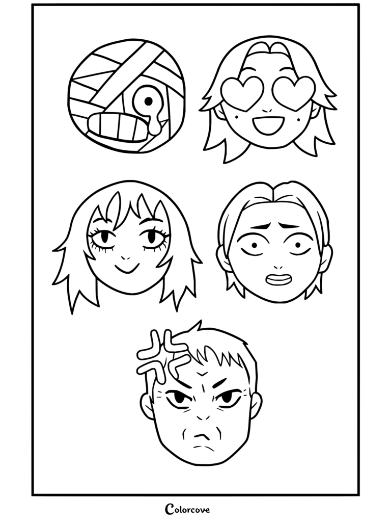 Page de coloriage Mouthwashing mettant en vedette des emojis et des expressions de personnages officiels.