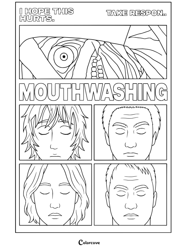 Page de coloriage Mouthwashing mettant en vedette une affiche avec Curly, Swansea, Daisuke, Anya et Jimmy.