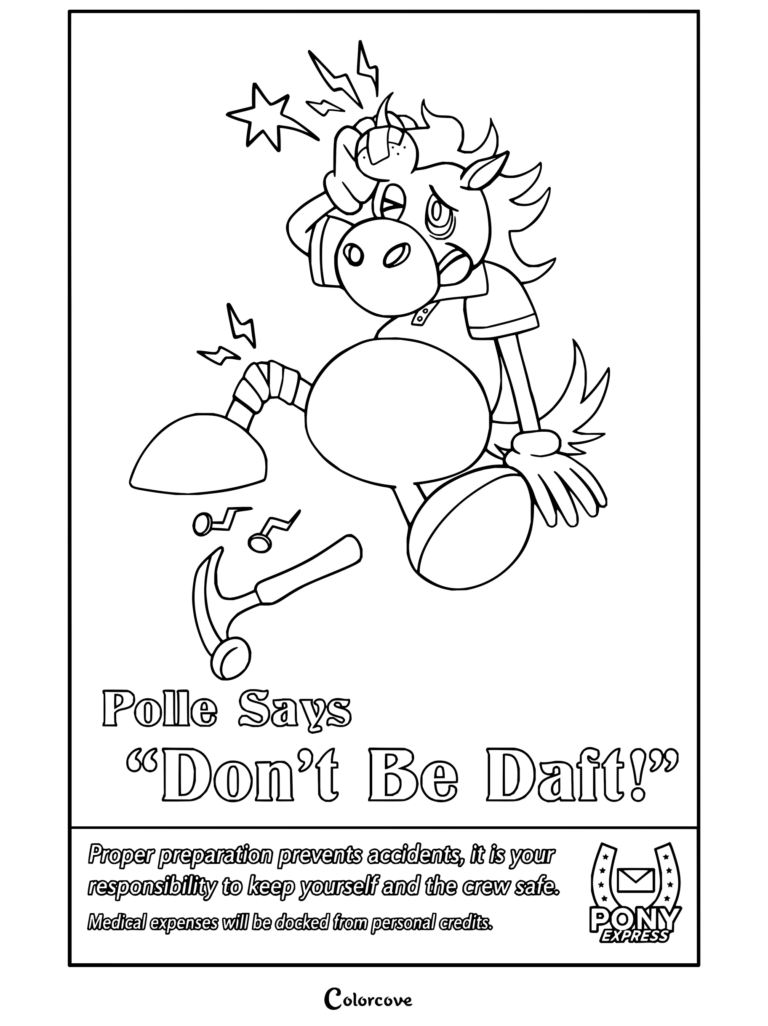 Coloriage Mouthwashing montrant l'affiche de Polle le cheval avec des blessures causées par un accident de marteau.
