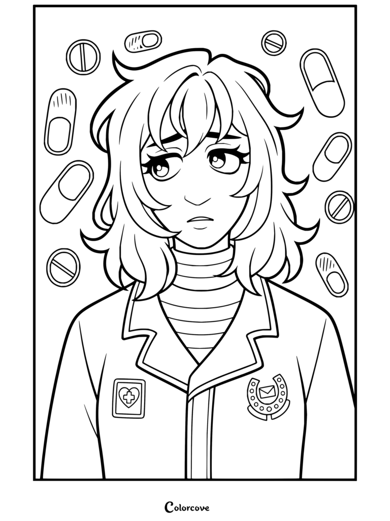 Coloriage à imprimer d'Anya de Mouthwashing présentant un portrait entouré de diverses pilules sur fond quadrillé.