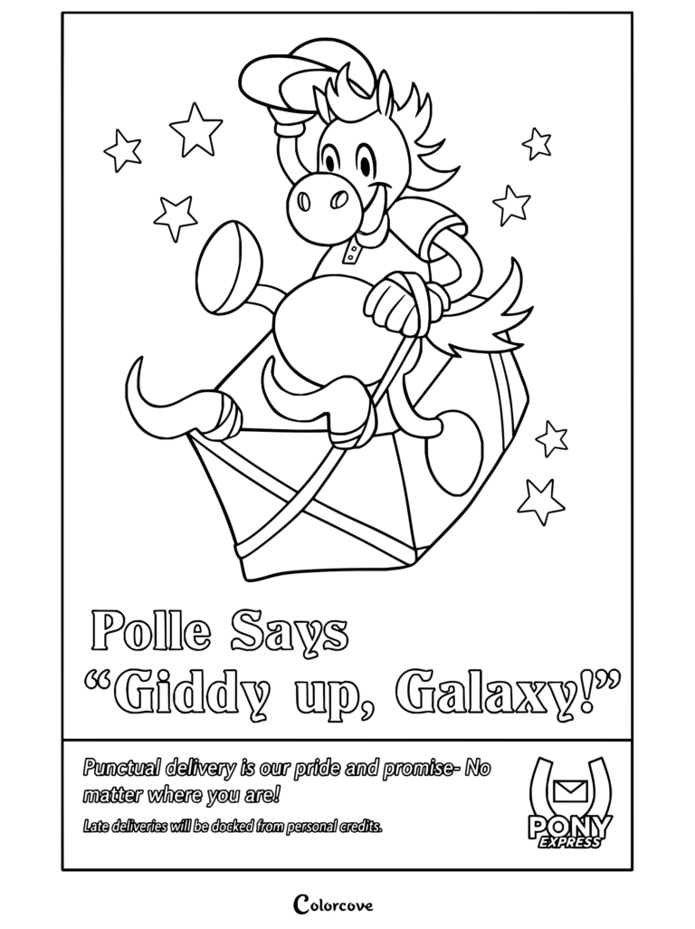 Polle le poney pilotant un vaisseau spatial en carton comme livreur Pony Express dans ce coloriage Mouthwashing.