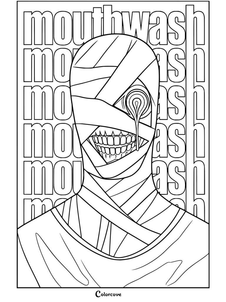 Page de coloriage Mouthwashing mettant en vedette Curly avec un visage bandé et un ensemble de dents largement souriantes.