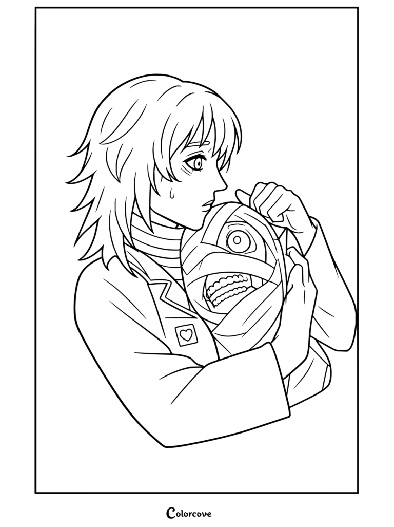 Curly tenant Jimmy dans un moment tendu de Mouthwashing, avec un art au trait épuré pour une page de coloriage à imprimer.