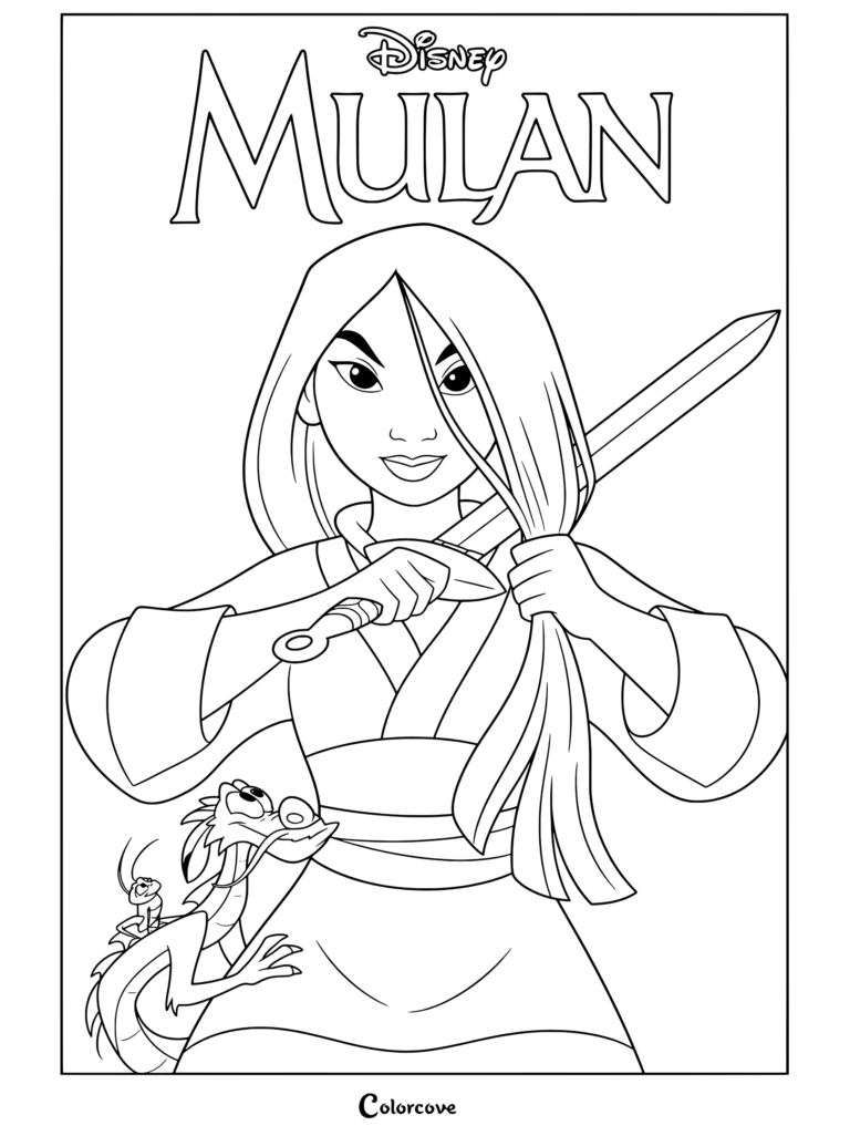 Dibujo para colorear de Mulán cortándose el cabello con una espada junto a Mushu y Cri-Kee.