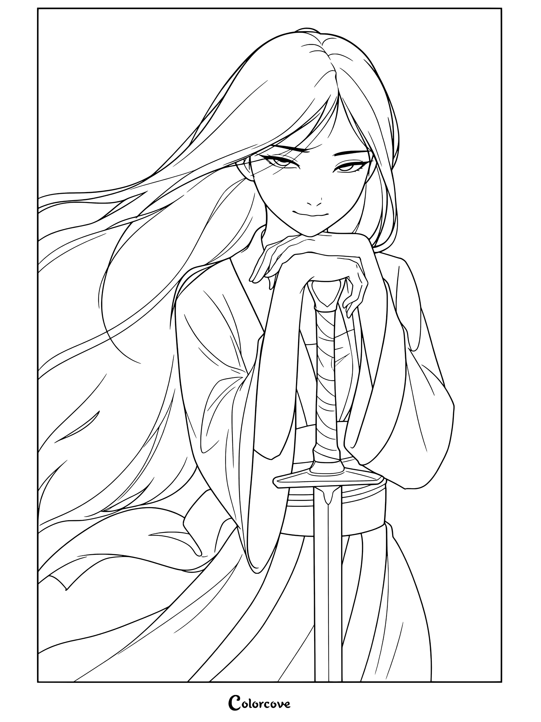 Dibujo para colorear de Mulán apoyada en una espada con larga melena negra y Hanfu verde
