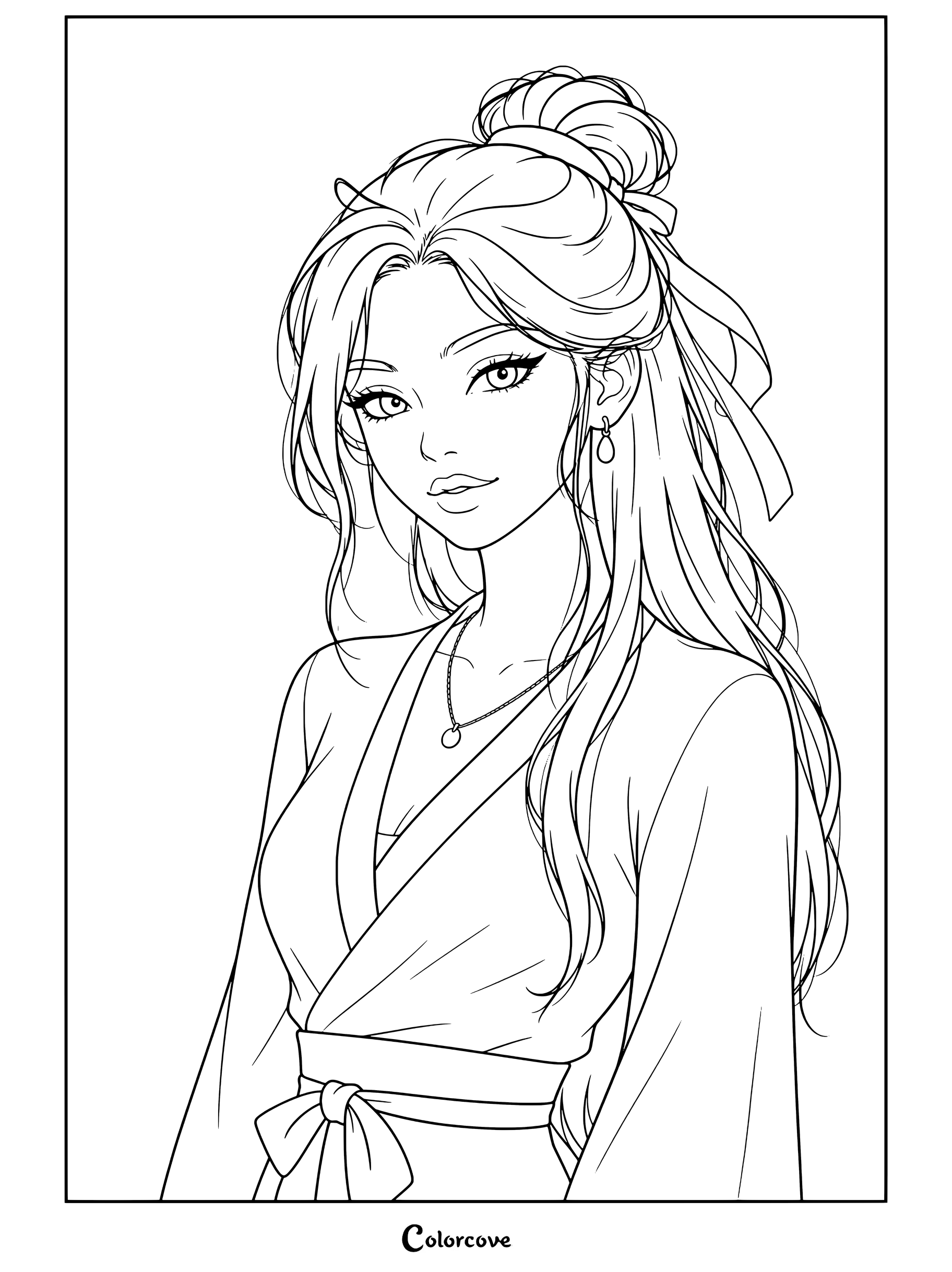 Dibujo para colorear con el retrato de Mulán luciendo un Hanfu rojo, un moño negro y un lazo rojo