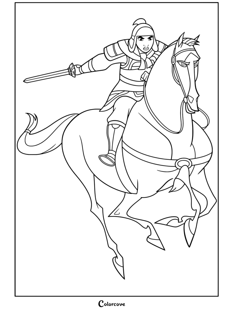 Dibujo infantil para colorear de Mulán montando a Khan hacia la batalla con la espada desenvainada y armadura china