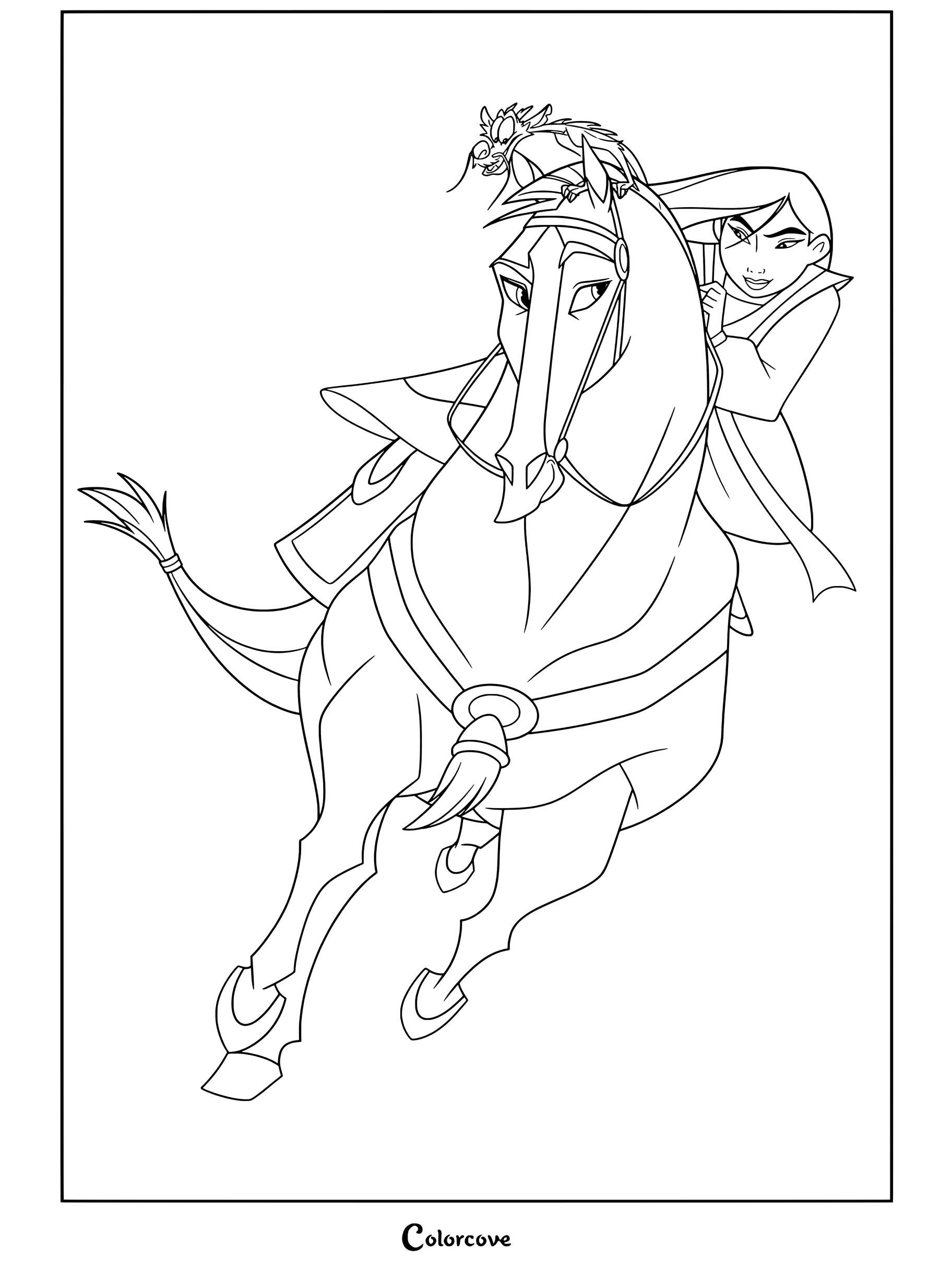 Dibujo para colorear de Mulán montando a Khan al galope con Mushu posado en la cabeza del caballo.