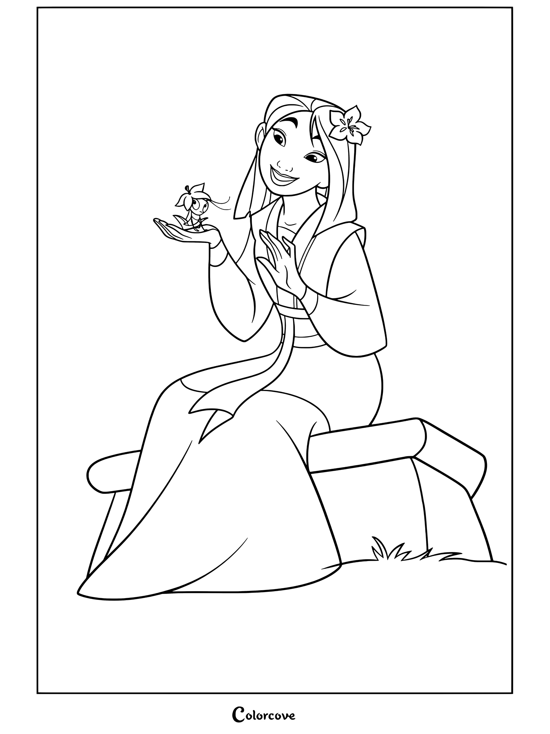 Dibujo para colorear de Mulán sentada en un banco de piedra sosteniendo a Cri-Kee con una flor en el cabello.