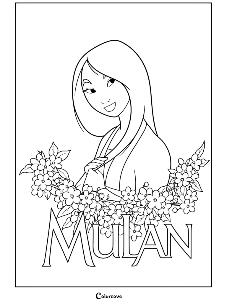 Dibujo para colorear de Mulán sonriendo con dulzura sosteniendo un mechón de cabello negro rodeada de flores de cerezo