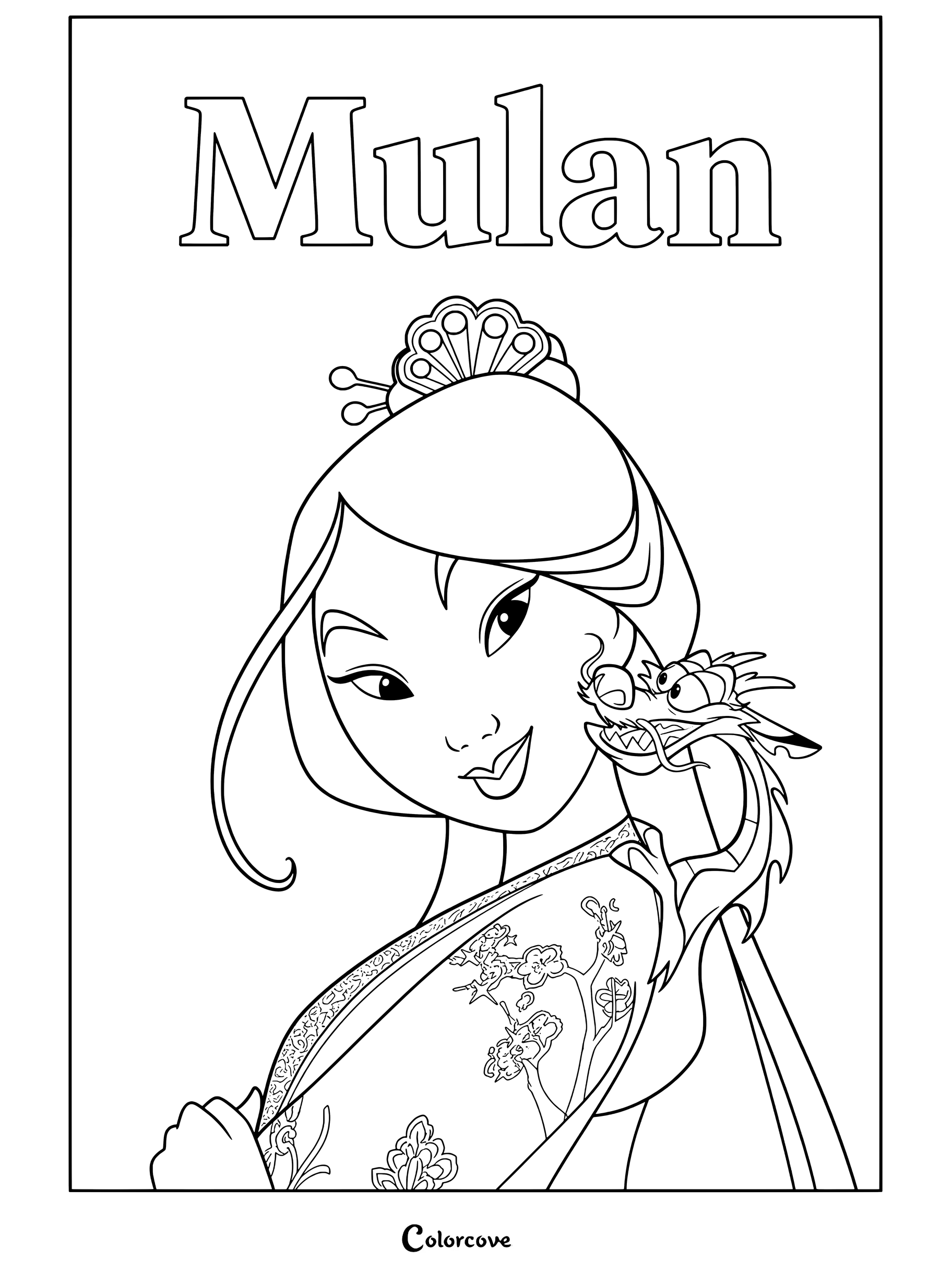 Dibujo para colorear e imprimir de Mulán sonriendo con orgullo con Mushu posado en su hombro y un peine tradicional en el cabello