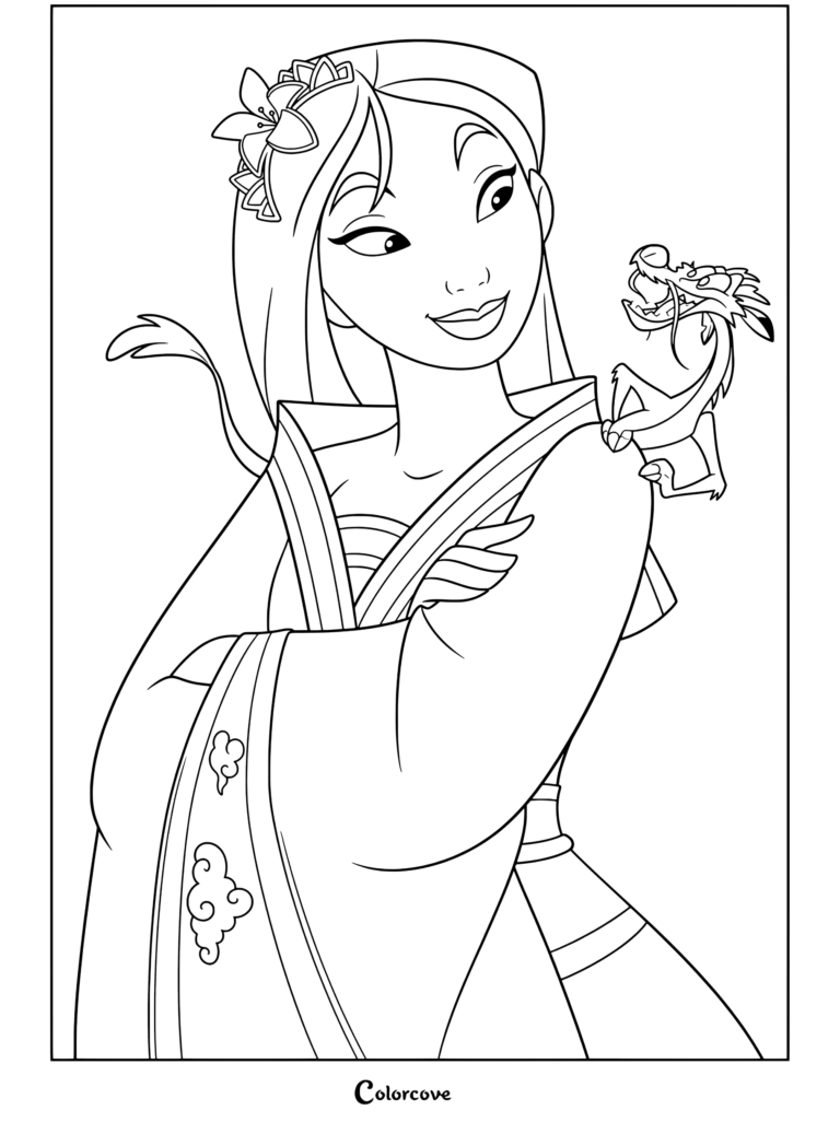 Dibujo para colorear de Mulán de pie con confianza y brazos cruzados, luciendo un Hanfu azul y un adorno floral en el cabello mientras Mushu se posa en su hombro