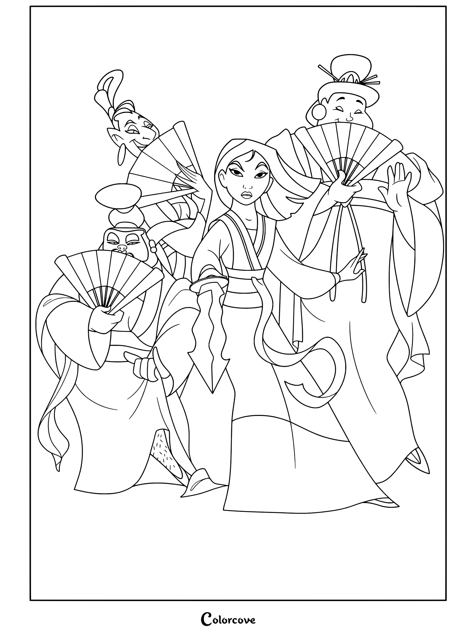 Dibujo para colorear de Mulán posando con seguridad sosteniendo una espada, rodeada por La casamentera, Chi Fu y El Emperador con abanicos plegables.
