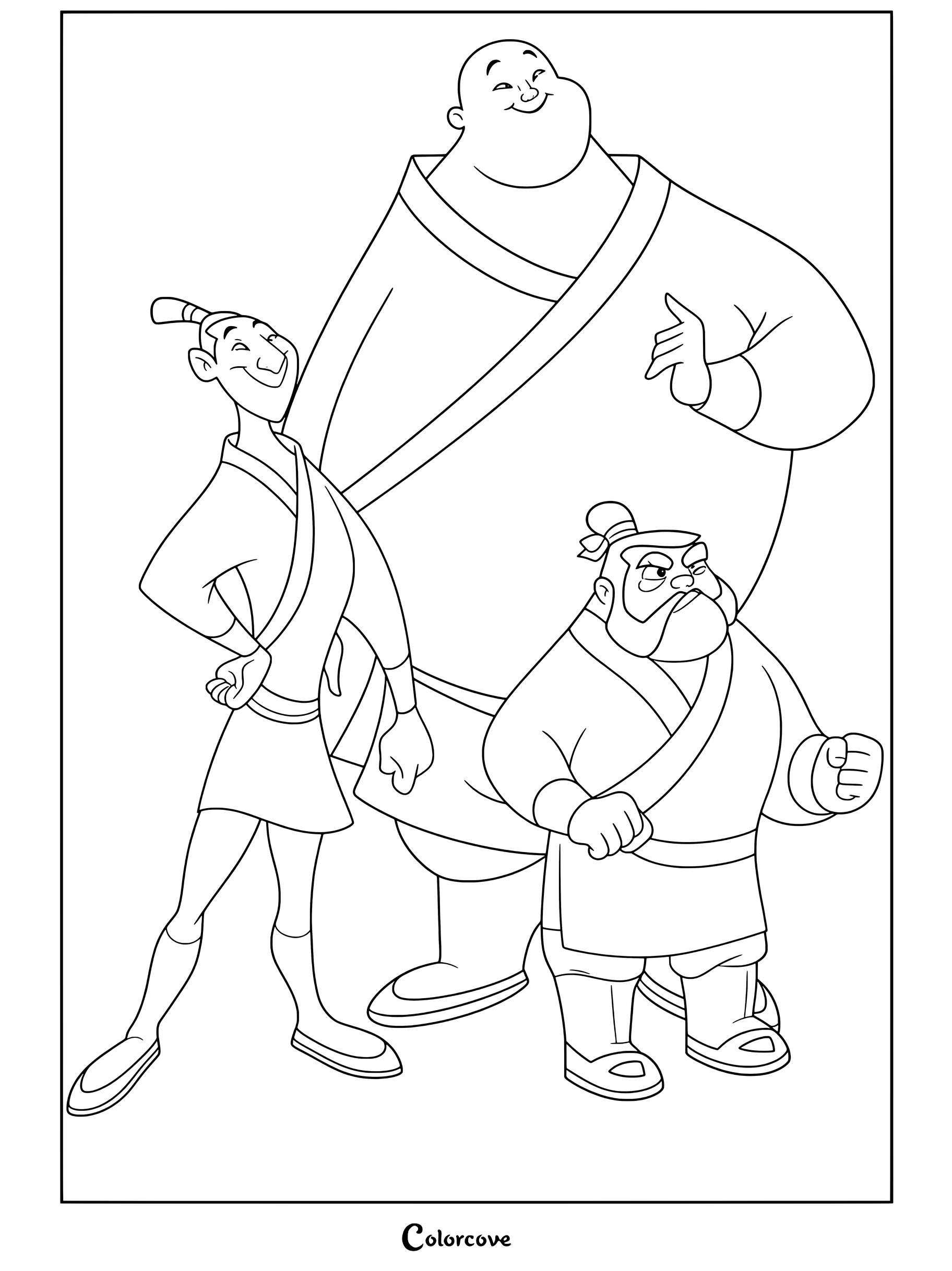 Dibujo para colorear de Ling, Chien-Po y Yao juntos, personajes de Mulán
