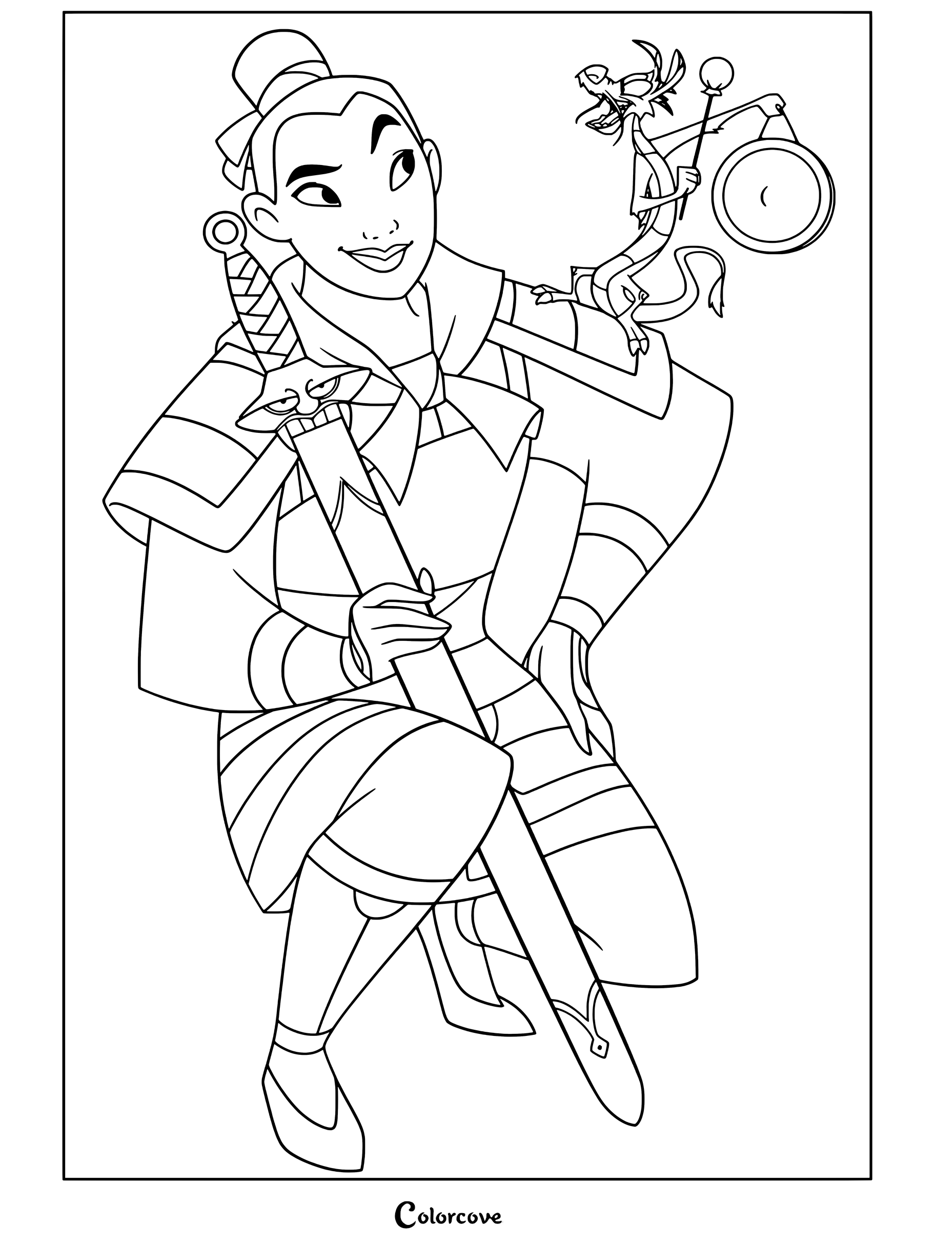 Dibujo para colorear de Mulán con armadura, arrodillada y sosteniendo una espada, con Mushu en su hombro tocando un gong.