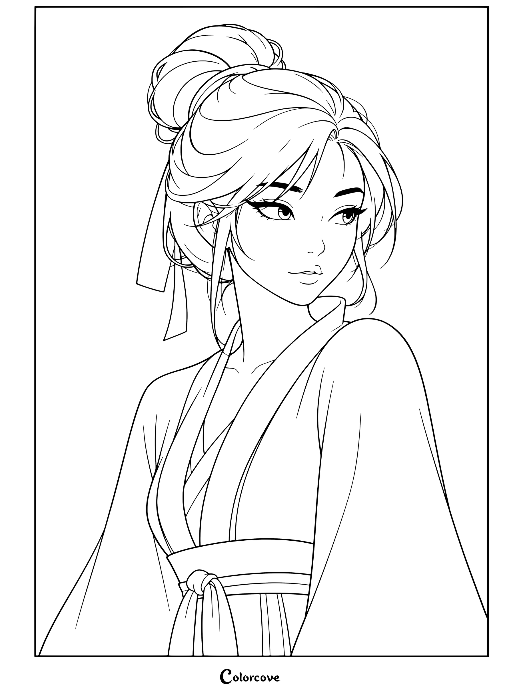 Dibujo para colorear de Mulán con un Hanfu verde y rojo, moño con lazo rojo y mirando por encima del hombro