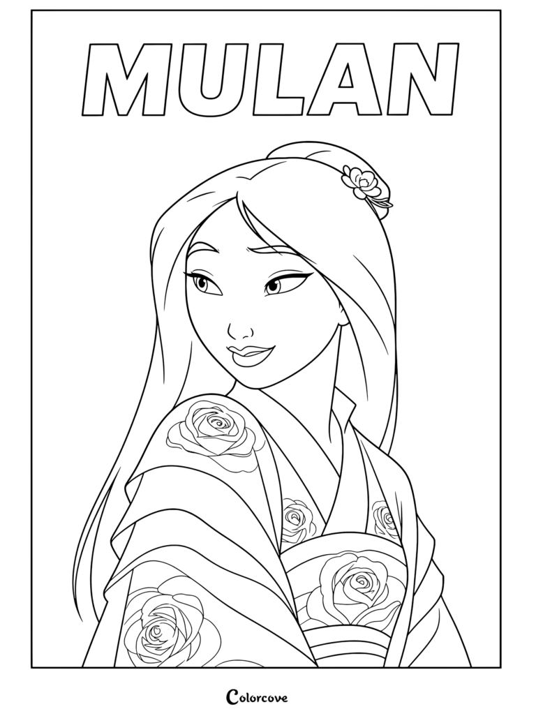Dibujo para colorear de Mulán con un Hanfu rosa y azul con estampado de rosas y una flor en el cabello