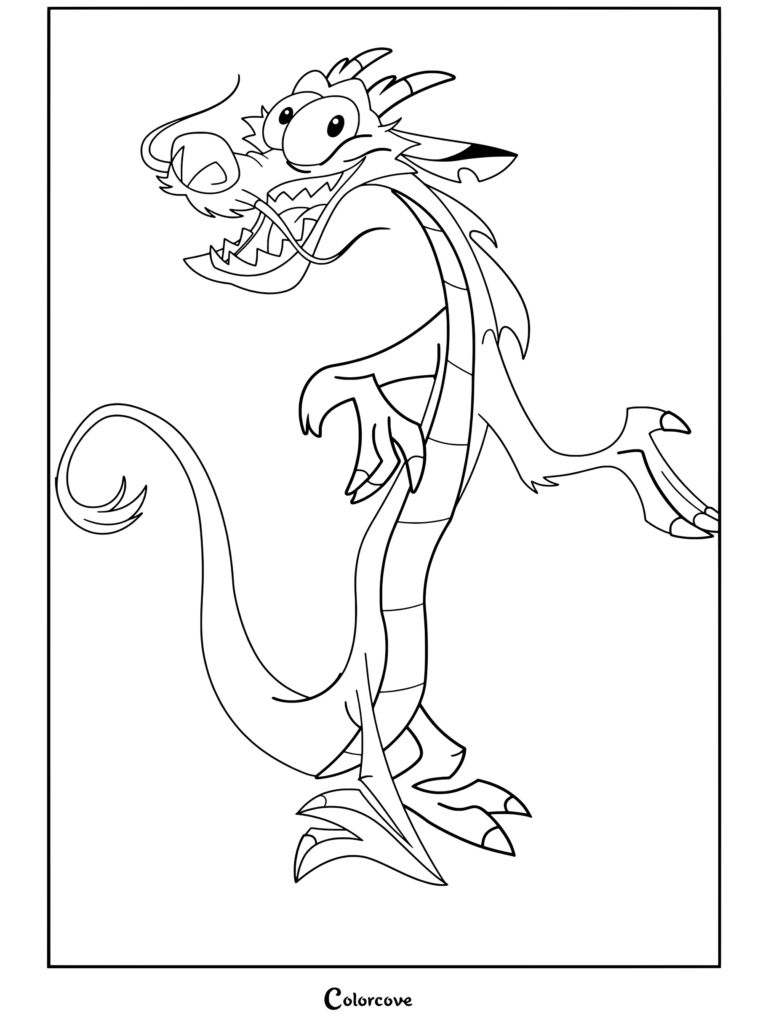 Dibujo para colorear de Mulán que muestra al dragón rojo Mushu posando con orgullo, con ojos abiertos y una amplia sonrisa.