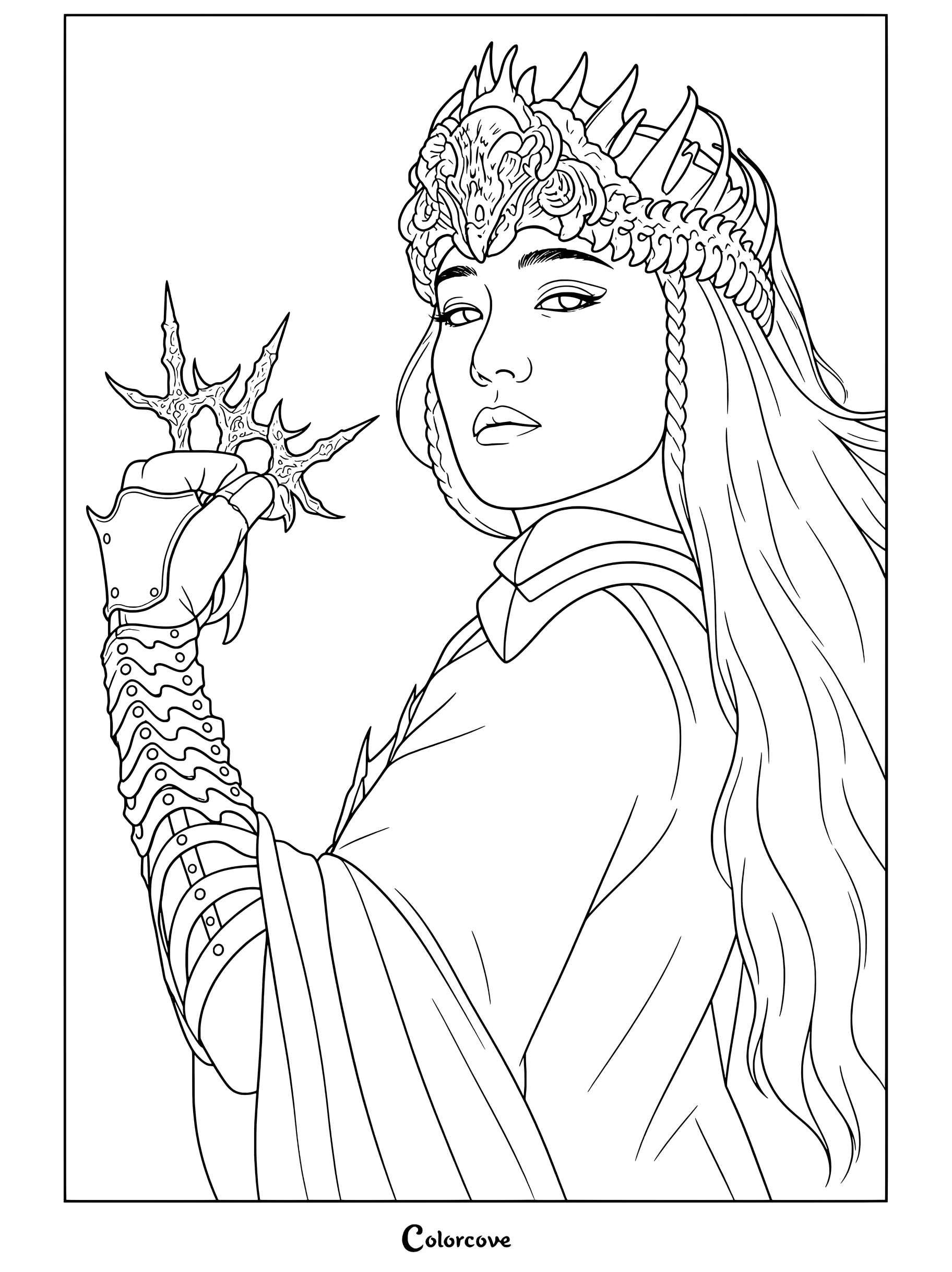 Dibujo para colorear e imprimir de Xianniang sosteniendo un arma de garras, con corona dorada y armadura de Mulán