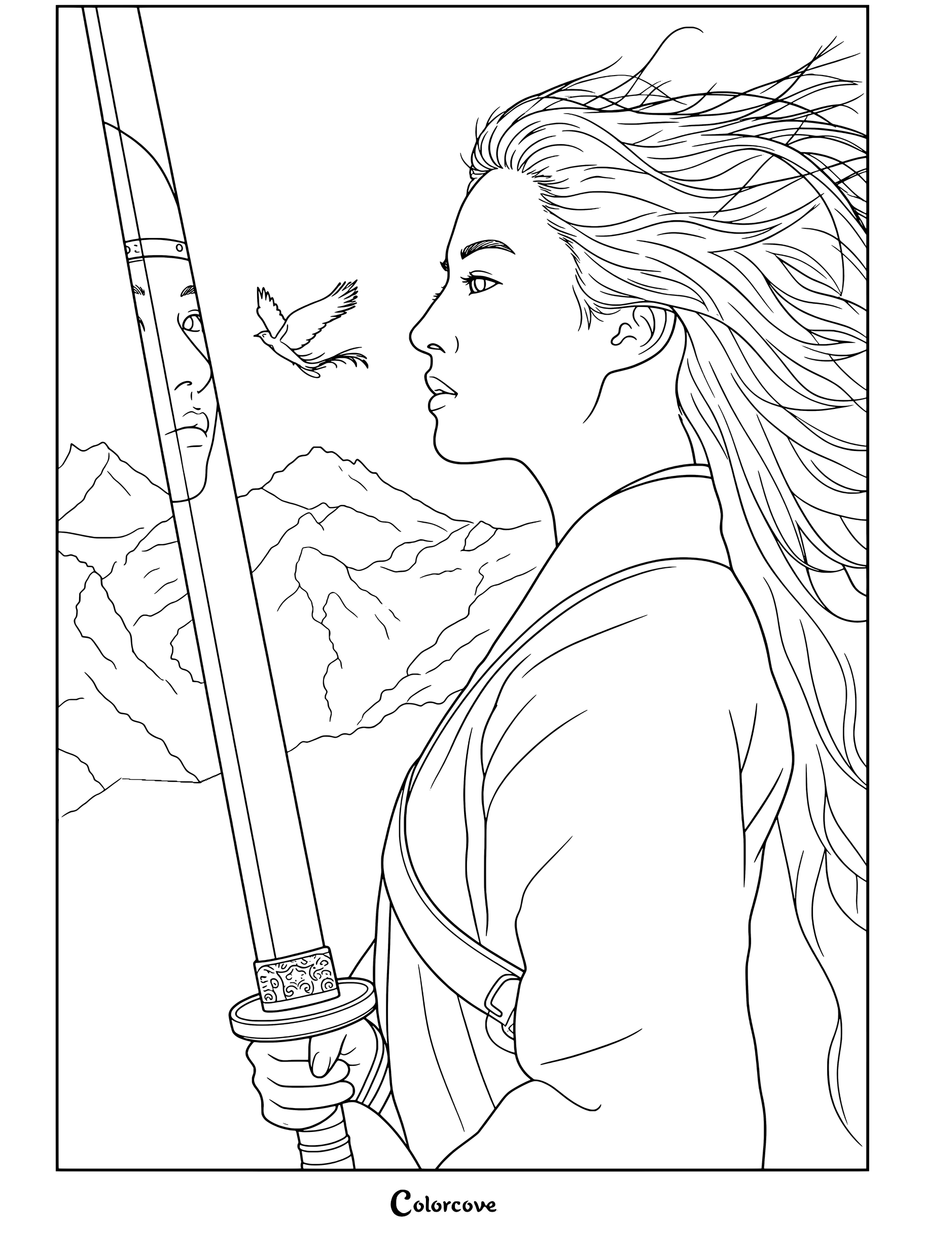 Dibujo detallado para colorear de Mulán con Yifei Liu sosteniendo una espada con su reflejo en la hoja, un ave volando y montañas de fondo.