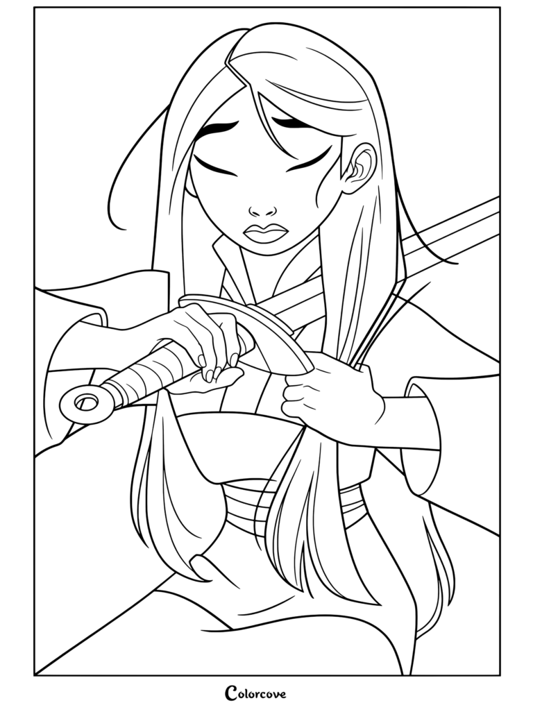 Dibujo para colorear e imprimir de Mulán cortándose el cabello con una espada entre lágrimas, vestida con un Hanfu rosa y azul.