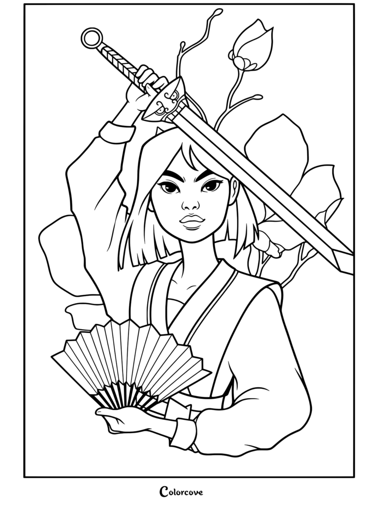 Dibujo para colorear e imprimir de Mulán alzando una Espada jian con un abanico plegable blanco y magnolias rosas de fondo.