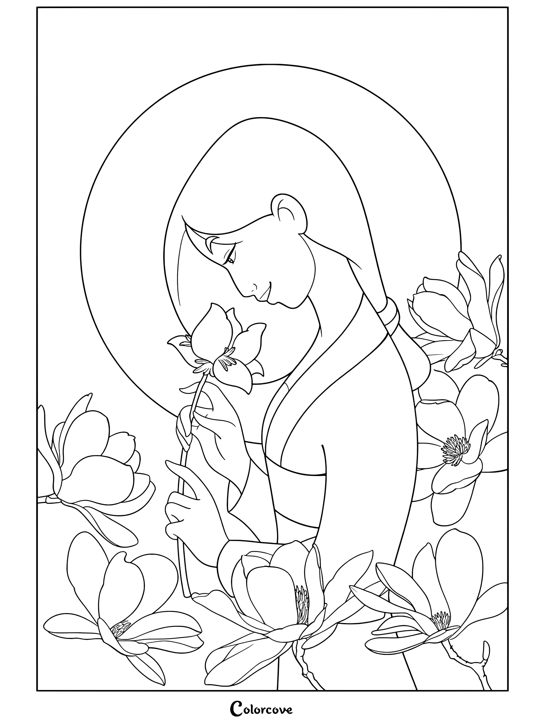 Dibujo para colorear e imprimir de Mulán sosteniendo una flor de magnolia rosa frente a un fondo con halo circular, rodeada de flores florecidas.