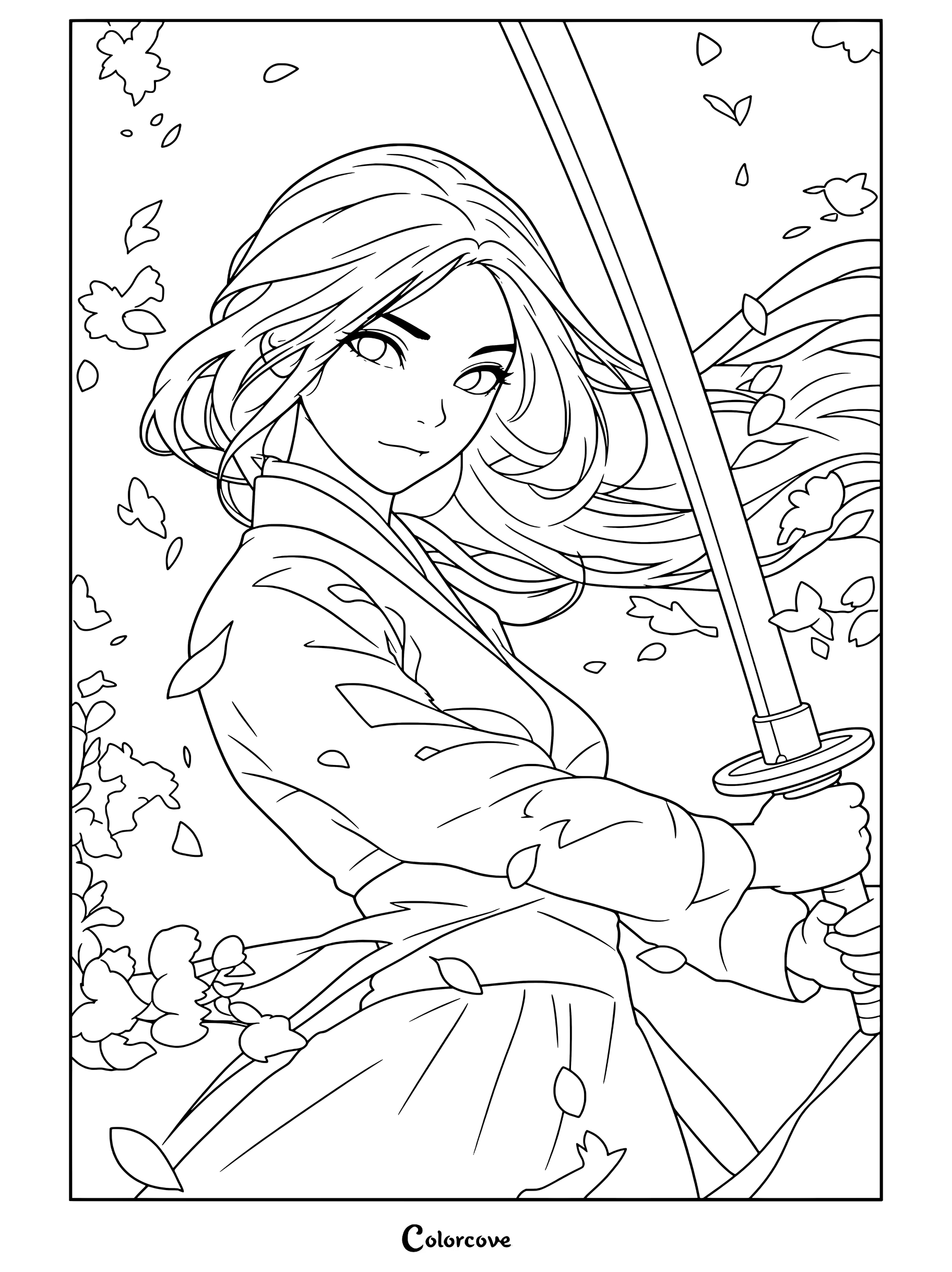 Dibujo para colorear de Mulán sosteniendo una espada rodeada de pétalos de flor de cerezo al viento