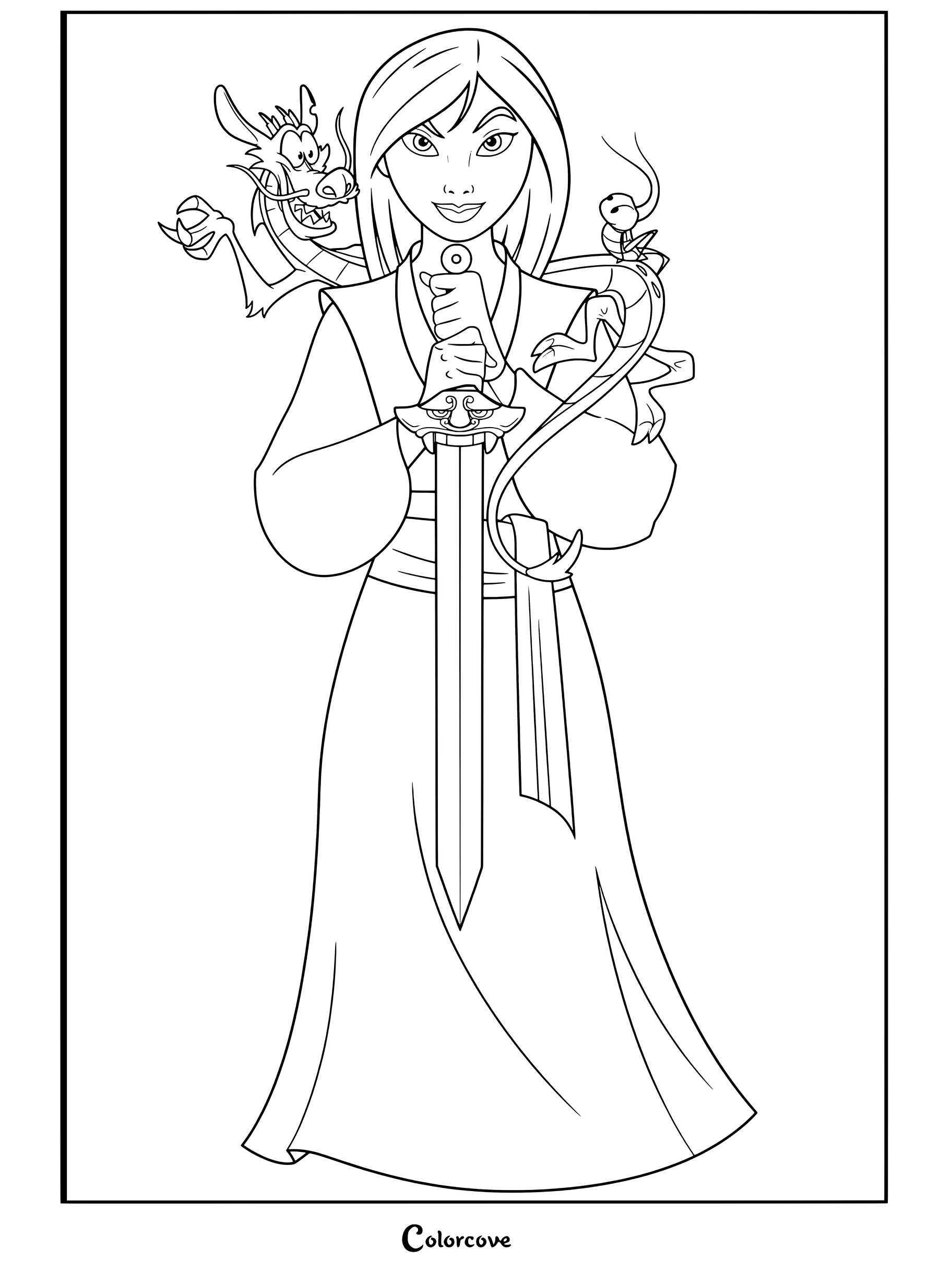 Dibujo para colorear e imprimir de Mulán sosteniendo una espada en posición vertical con Mushu en el hombro derecho y Cri-Kee en el izquierdo.
