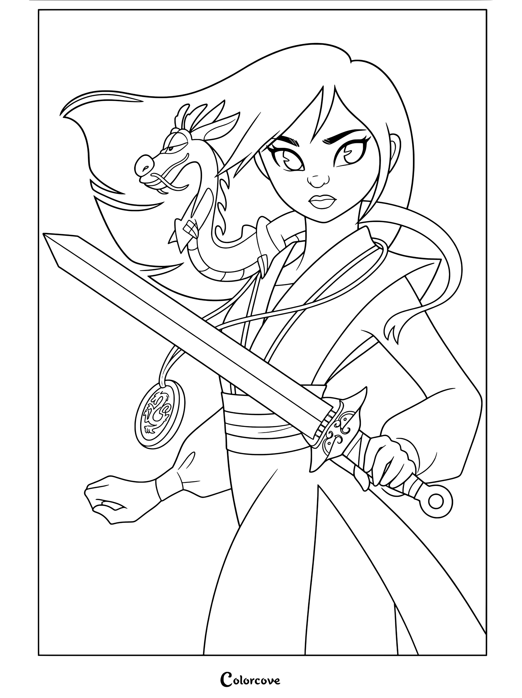 Dibujo para colorear de Mulán sosteniendo una espada con Mushu en el hombro y cabello morado