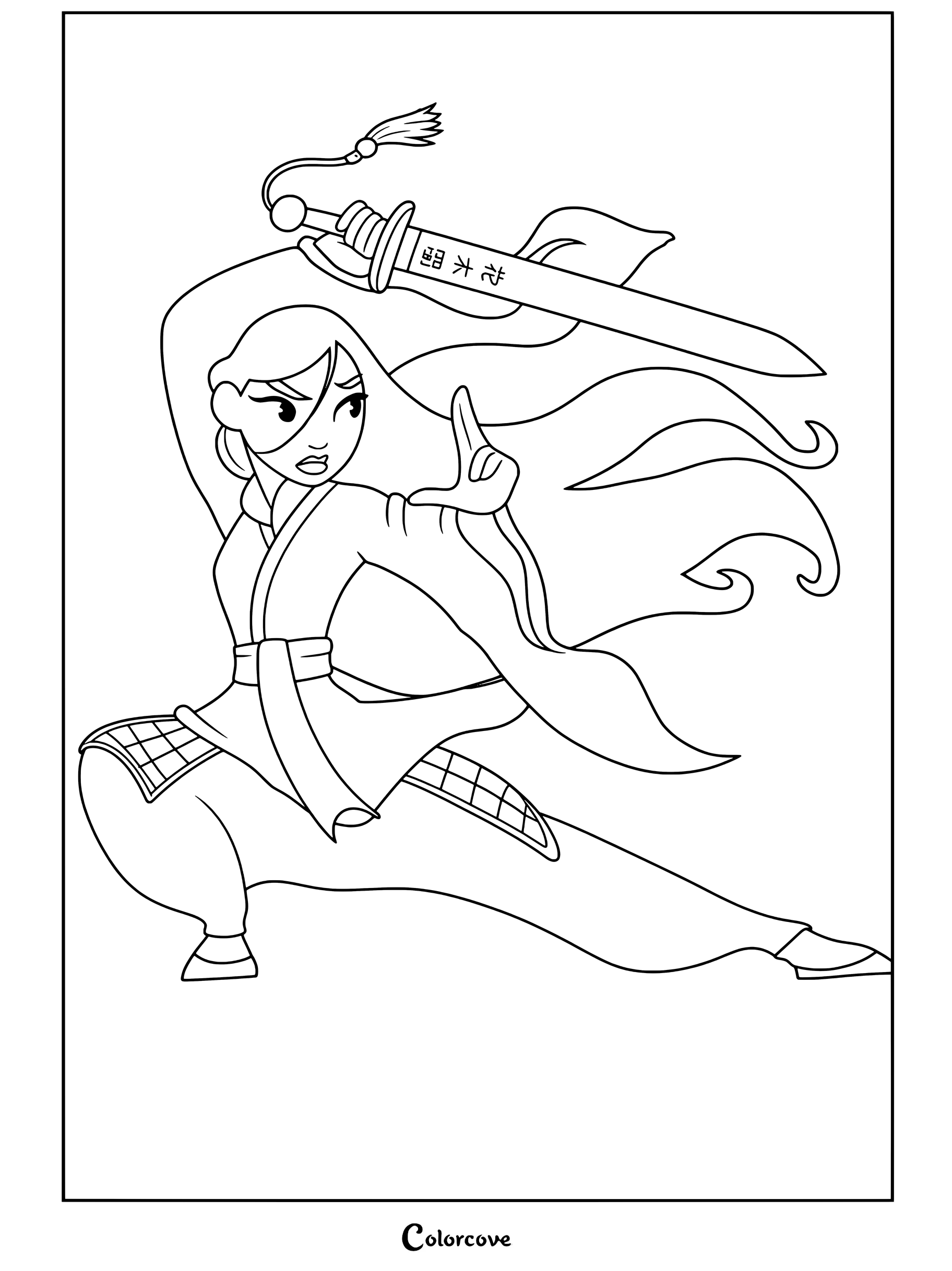 Dibujo para colorear de Mulán en una postura dinámica de artes marciales empuñando una espada con túnica roja suelta y largo cabello negro