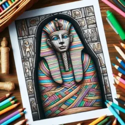 Egyptian Pharaoh themed coloring page filled with vibrant colors, surrounded by colored pencils on a wooden table.